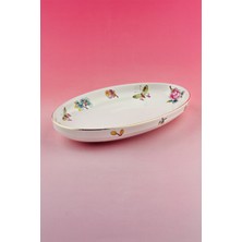 Bursa Porselen Dekor Çiçek Buketi Altın Yaldızlı Porselen Kayık Tabak