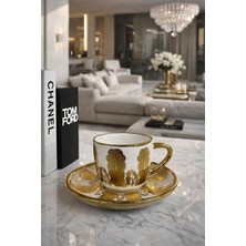 Kadim Vizyon Ithal Altın Yaldızlı El Boyama Yaprak Desenli 6 Kişilik Türk Kahvesi Fincanı 100 ml