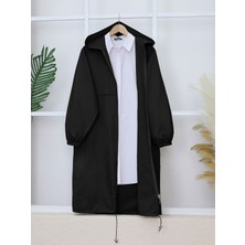 Modamorfo Boydan Fermuarlı Kapşonlu Uzun Yağmurluk -Siyah