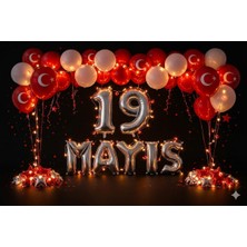 Tedaks Ay-Yıldız Ledli 19 Mayıs Bayram Temalı Gümüş Folyo Rakam ve Harf Kırmızı Beyaz Ay Yıldız Balonlar
