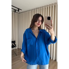 Sue Store Saks Mavi Oversize Modal Kumaş Gömlek