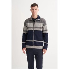Cazador Hazır Örme Çizgili Vintage Yün Karışımlı Regular Fit Fermuarlı Sweat Hırka