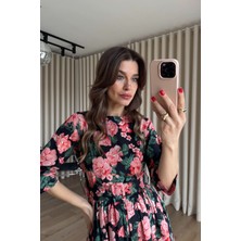 Sue Store Yeşil Somon Çiçekli Bisiklet Yaka Kemerli Elbise