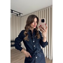 Sue Store Lacivert Cep Detaylı Kuşaklı Kot Gömlek Elbise