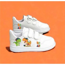 Lias Design Yeşil Turuncu Müzikci Dinazorlar Baskılı Beyaz Bantlı Çocuk Spor Ayakkabı Sneaker
