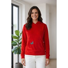 Evavi Kadın Zümrüt Kelebek Baskılı Kapüşonlu Kırmızı Sweatshirt