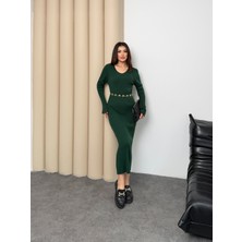 Miramore Butik Fitilli Triko Uzun Elbise V Yaka Kadın Elbise