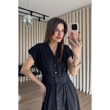 Sue Store Siyah Gold Düğmeli Pileli Gömlek Elbise