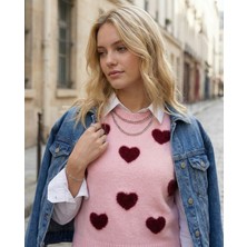 Qoolest Kadın Yünlü Pembe Kalpli Peluş Detaylı Triko Süveter Yumoş Vintage Stil Sevgililer Günü