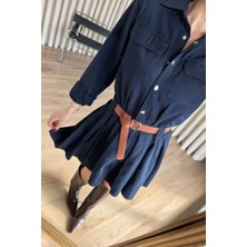 Sue Store Lacivert Çıtçıtlı Eteği Pileli Kemerli Gabardin Gömlek Elbise