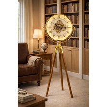 Mars Concept 3 Kademe LED Işıklı Çarklı Tripod Ayaklı Saat -Beyaz Kadran, Gold Metal Gövde, Ahşap Ayaklı