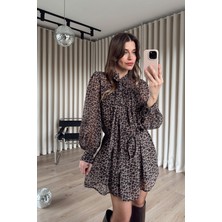Sue Store Leopar Puantiyeli Astarlı Kısa Şifon Elbise