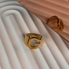 Gülnar Bijuteri Harfli Ayarlanabilir Gold Renk Çelik Yüzük G Harfi 316L Çelik