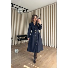 Sue Store Mavi Dikiş Detaylı Pileli Kemerli Kruvaze Yaka Kot Gömlek Elbise