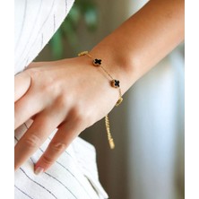 Gülnar Bijuteri Yonca Siyah Renkli Gümüş ve Gold Bileklik