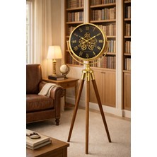 Mars Concept 169 cm Çarklı Tripod Ayaklı Dekoratif Saat -Siyah Kadran, Gold Metal Gövde, Ahşap Ayaklı