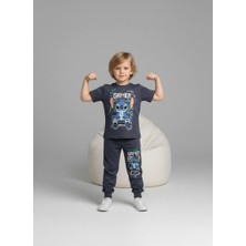 BeU Kids 2'li Takım Kısa Kollu Stiç Baskılı Pamuk-Likralı Erkek Çocuk Eşofman Takımı