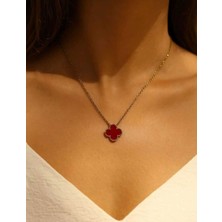 Gülnar Bijuteri Bordo Tek Yoncalı Kolye Gümüş 316L Paslanmaz Kararmaz Çelik