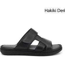 Gönderi(r) Erkek Siyah  Cırt Bantlı Hakiki Deri Terlik