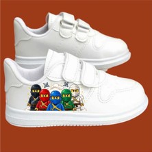 Lias Design Waw Ninja Baskılı Beyaz Bantlı Çocuk Spor Ayakkabı Sneaker