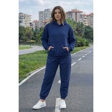 Evavi Kadın Baskısız Kapüşonlu Kanguru Cepli Lacivert Eşofman Takımı