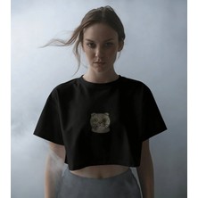 Muhtar Store Minimal Scottish Fold Kedi Baskılı Beyaz Crop Tişört Kadın Rahat Kalıp