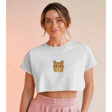 Muhtar Store Minimal Sarman Kedi Baskılı Beyaz Crop Tişört Kadın Rahat Kalıp