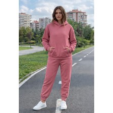 Evavi Kadın Baskısız Kapüşonlu Kanguru Cepli Gül Kurusu Eşofman Takımı