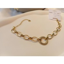 Euro Aksesuar 14 Ayar Altın Kaplama 316L Çelik Zirkon Taşlı Halka Detaylı Zincir Bileklik (18-23 Cm)