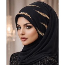 Aişe Tesettür Siyah Gold Simli Abiye Şal