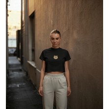 Muhtar Store Minimal Persian Kedi Baskılı Beyaz Crop Tişört Kadın Rahat Kalıp
