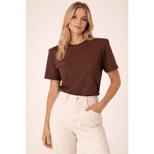 Poupee Kahverengi T-Shirt, Vatkalı Kadın T-Shirt, Kahverengi Bluz, Penye Kahverengi Bluz