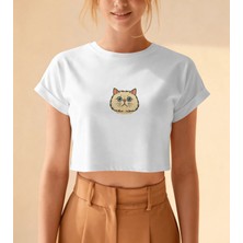 Muhtar Store Minimal Persian Kedi Baskılı Beyaz Crop Tişört Kadın Rahat Kalıp