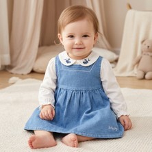 Asyaden Baby Kız Bebek Yakası Nakışlı Şık Bayramlık Pamuklu Kot Elbise