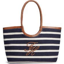 Tommy Hilfiger Kadın Th Logo Motifli Fermuarlı Iç Cepli Çizgili Kanvas Lacivert Omuz Çantası AW0AW18400-0GY