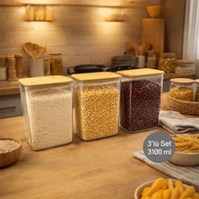 Nesto Home 3'lü 3100 ml Ahşap Kapaklı Dikdörtgen Contalı Plastik Saklama Kabı Seti Hava Geçirmez Bakliyat Kabı