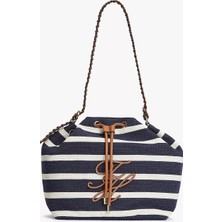 Tommy Hilfiger Kadın Çizgi Desenli Th Logo Motifli Uzun Askılı Lacivert Omuz Çantası AW0AW18401-0GY