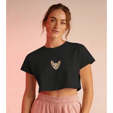Muhtar Store Minimal Sphynx Kedi Baskılı Beyaz Crop Tişört Kadın Rahat Kalıp