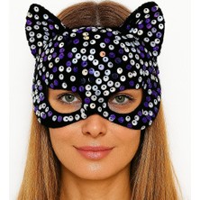 Trend Movira Siyah Kadife Kumaş Üzerine Mor Beyaz Payetli Pullu Parti Maskesi 16X14 cm