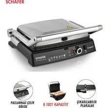 Schafer Çıkarılabilir Döküm Plakalı 2000W Güçlü Performanslı 6 Dilim Kapasiteli Çelik Gövdeli Tam Açılabilir Yağ Hazneli Profesyonel Izgara ve Tost Makinesi