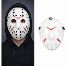 Trend Movira Beyaz Renk Kırmızı Çizgili Tam Yüz Hokey Jason Maskesi Hannibal Maskesi