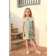 Magu Kız Çocuk Pamuklu Yeşil Papatya Işlemeli Elbise - Çantalı