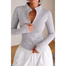 Tarz Cool Kadın Bej Iki Iplik Fermuarlı Dar Kesim Mevsimlik Hırka – Dik Yaka Fit Basic Şık Ceket