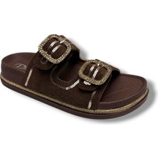 Pienn 20077-010-26 Süet Taşlı Pullu Çift Tokalı Anatomik Kadın Terlik