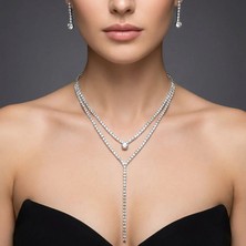 Valmont Taşlı Su Yolu Uzun Kolye ve Küpe Takı Seti - Düğün, Kına, Nişan, Gelin Aksesuarı