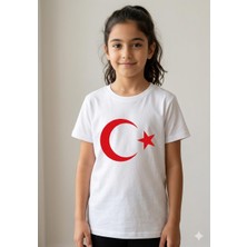 HaanBebe Çocuk Ay Yıldız Baskılı Kısa Kollu Beyaz Tişört - %100 Pamuklu Milli Bayram Özel
