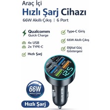 Qasul 66W Hızlı Araç Şarj Cihazı 6 Port (4 USB + 2 Type-C) Pd + Qc 3.0 Dijital Ekranlı Voltaj Göstergeli Araç Içi Şarj