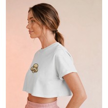 Muhtar Store Minimal Toy Poodle Baskılı Beyaz Crop Tişört Kadın Rahat Kalıp