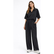 CGA Kadın Modal Takım Siyah Modal Takım Gömlek Yaka Bluzlu Pileli Bol Paça Pantolonlu Modal Takım