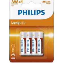 Philips Longlife İnce Kalem Pil AAA 4'lü 1,2 V Tek Kullanımlık Yüksek Performanslı Pil